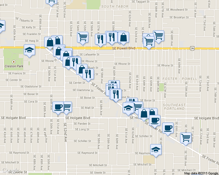 map of restaurants, bars, coffee shops, grocery stores, and more near 5909 Southeast Gladstone Street in Portland
