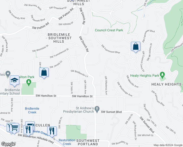 map of restaurants, bars, coffee shops, grocery stores, and more near 4170 Southwest Dosch Road in Portland