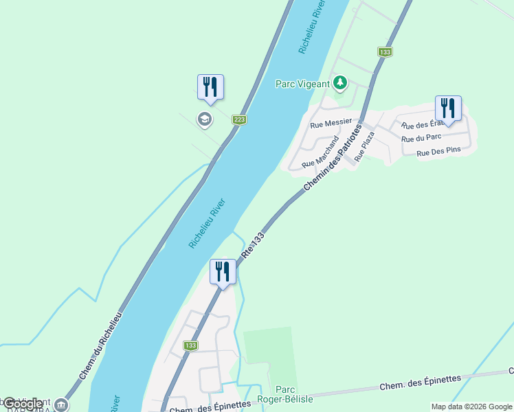 map of restaurants, bars, coffee shops, grocery stores, and more near 491 Chemin des Patriotes in Montérégie