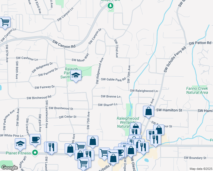 map of restaurants, bars, coffee shops, grocery stores, and more near 7345 Southwest Pineridge Court in Portland
