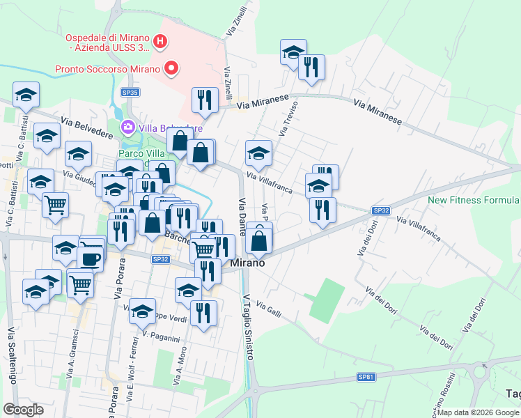 map of restaurants, bars, coffee shops, grocery stores, and more near 72 Via G. B. Belzoni in Mirano
