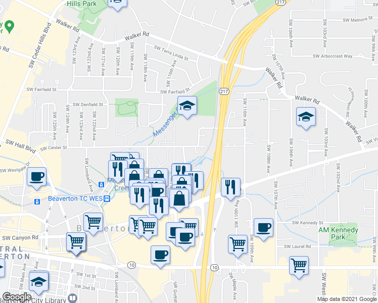 map of restaurants, bars, coffee shops, grocery stores, and more near 3650 Southwest 114th Avenue in Beaverton
