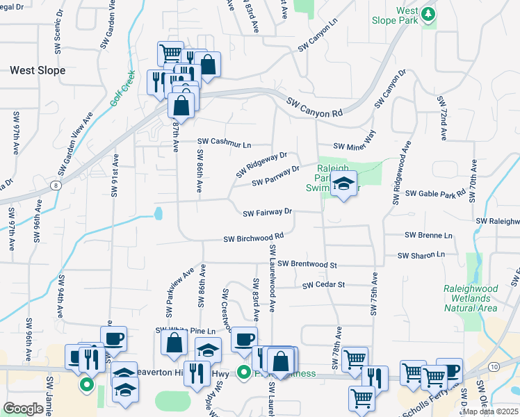 map of restaurants, bars, coffee shops, grocery stores, and more near 8225 Southwest Fairway Drive in Portland
