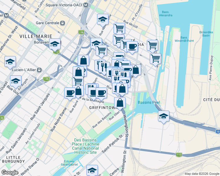 map of restaurants, bars, coffee shops, grocery stores, and more near 242 Rue Young in Montréal