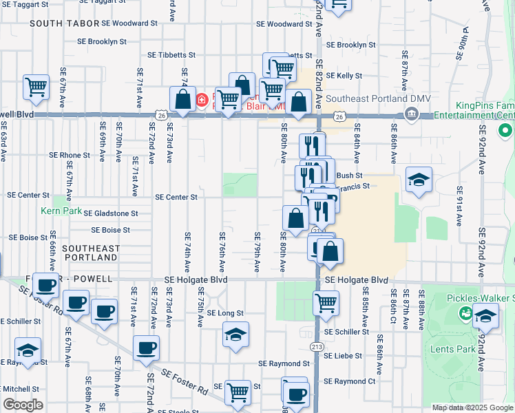 map of restaurants, bars, coffee shops, grocery stores, and more near 4025 SE 79th Ave in Portland