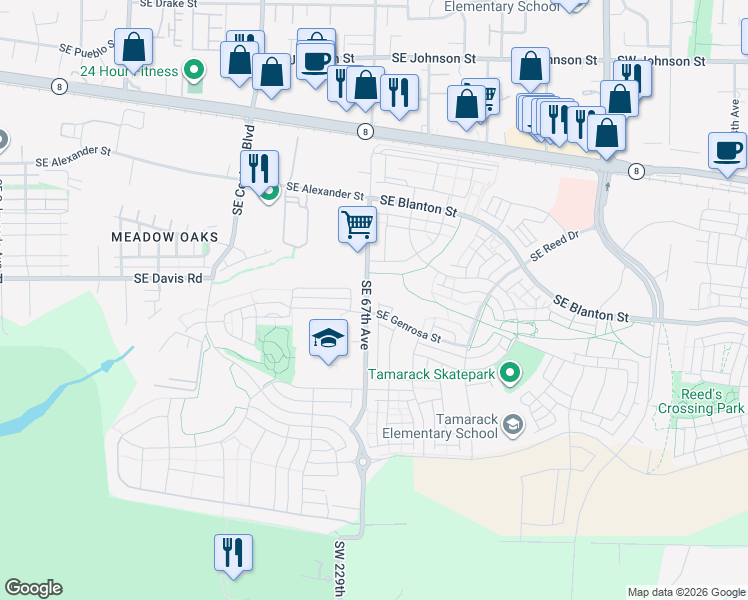 map of restaurants, bars, coffee shops, grocery stores, and more near 6745 Southeast Genrosa Street in Hillsboro