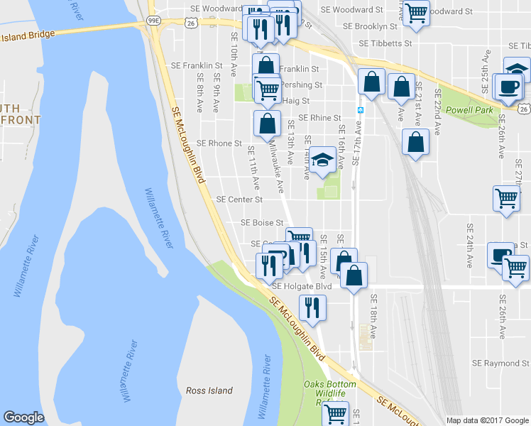 map of restaurants, bars, coffee shops, grocery stores, and more near 4108 Southeast 11th Avenue in Portland