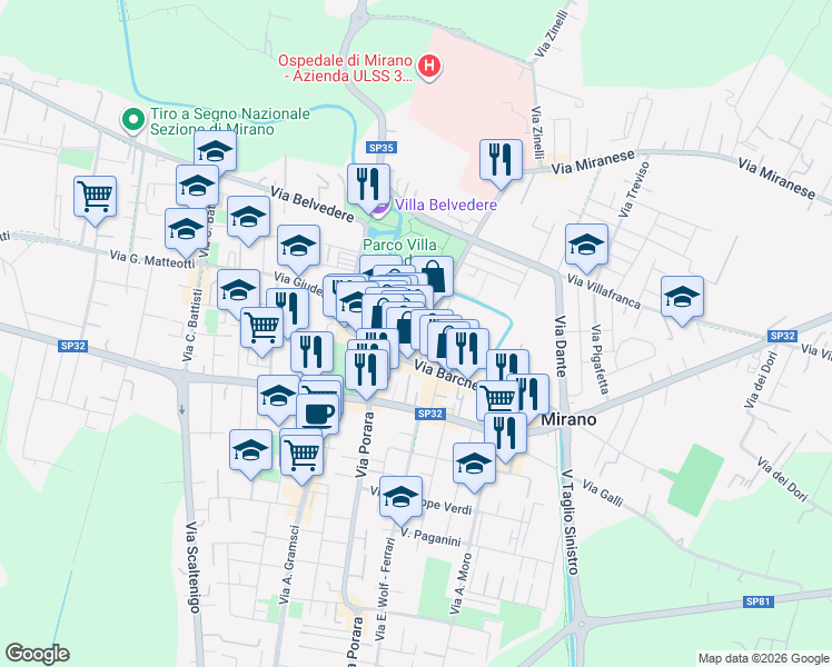map of restaurants, bars, coffee shops, grocery stores, and more near 16 Via Bastia Fuori in Mirano