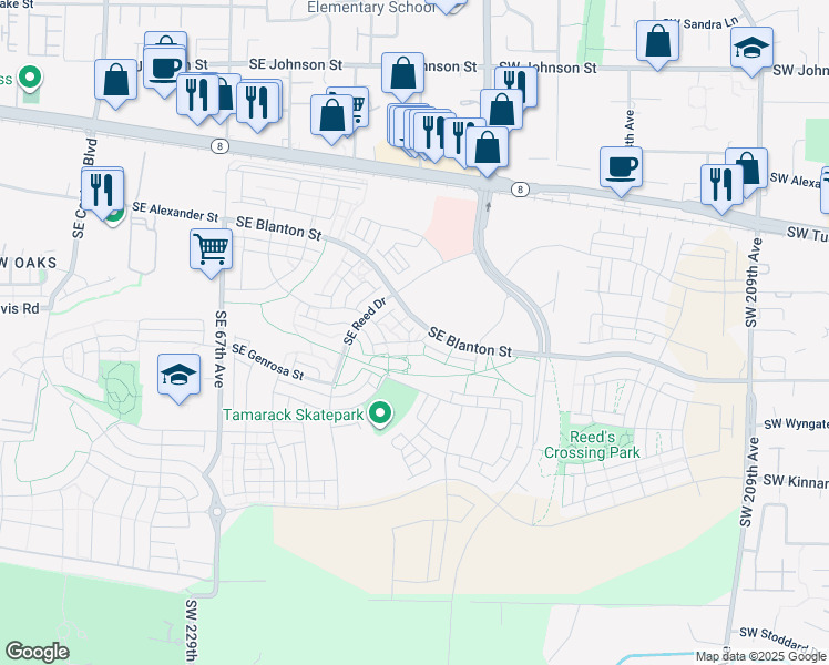 map of restaurants, bars, coffee shops, grocery stores, and more near 7357 Southeast Chinkapin Drive in Hillsboro