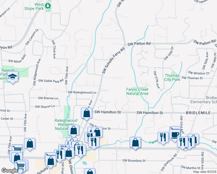 map of restaurants, bars, coffee shops, grocery stores, and more near 6335 Southwest Raleighwood Court in Portland