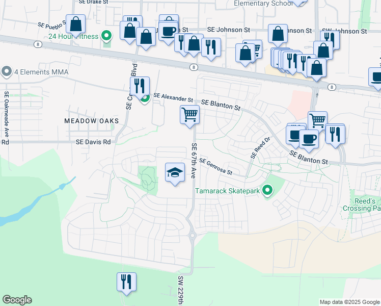 map of restaurants, bars, coffee shops, grocery stores, and more near 3658 Southeast 66th Avenue in Hillsboro