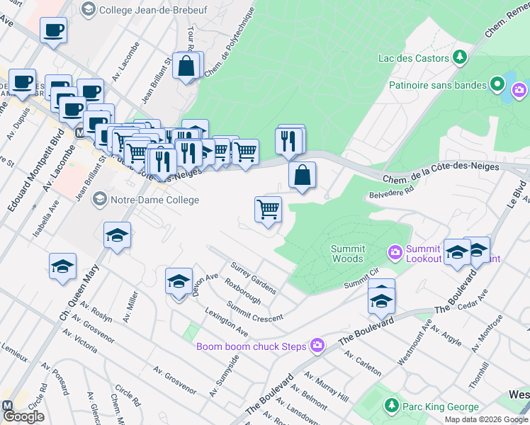 map of restaurants, bars, coffee shops, grocery stores, and more near 3475 Ridgewood Avenue in Montrã©Al