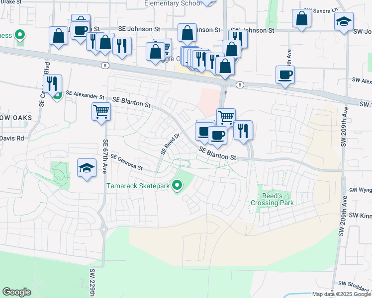 map of restaurants, bars, coffee shops, grocery stores, and more near 7357 Southeast Chinkapin Drive in Hillsboro