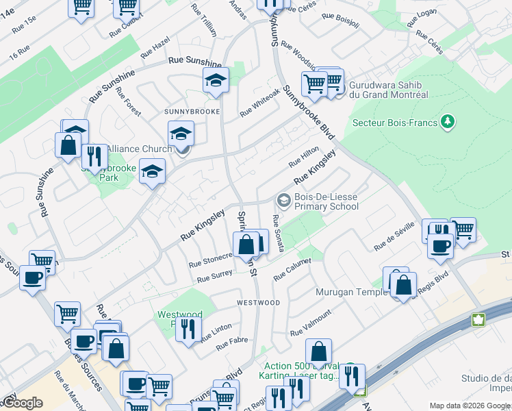 map of restaurants, bars, coffee shops, grocery stores, and more near 180 Rue Hilton in Dollard-des-Ormeaux