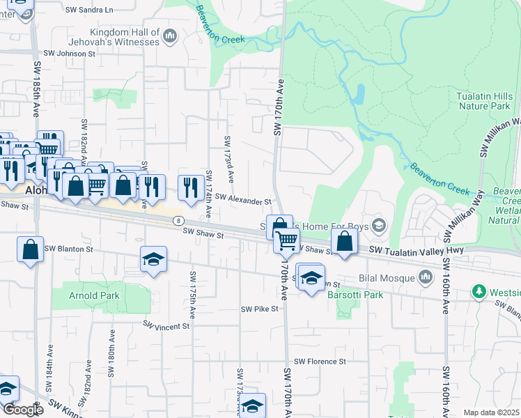 map of restaurants, bars, coffee shops, grocery stores, and more near 17146 Southwest Alexander Street in Beaverton