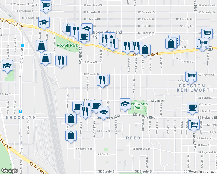 map of restaurants, bars, coffee shops, grocery stores, and more near 4030 SE 29th Ave in Portland