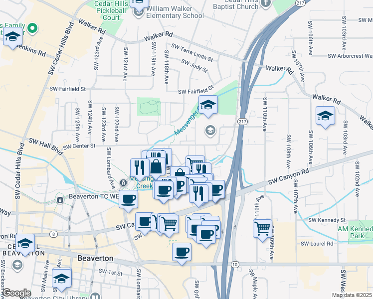 map of restaurants, bars, coffee shops, grocery stores, and more near 11590 Southwest Center Street in Beaverton