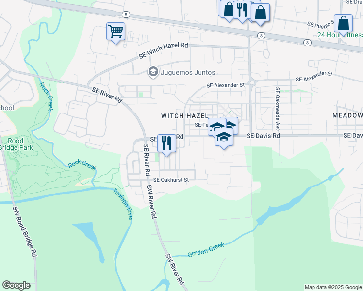 map of restaurants, bars, coffee shops, grocery stores, and more near 3683 Southeast Alexander Street in Hillsboro