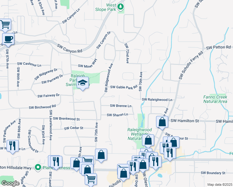 map of restaurants, bars, coffee shops, grocery stores, and more near 7345 Southwest Pineridge Court in Portland