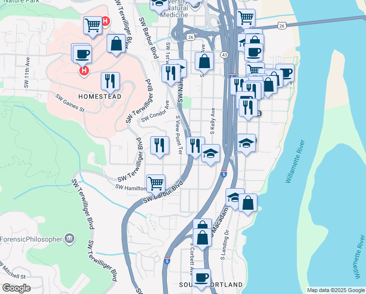 map of restaurants, bars, coffee shops, grocery stores, and more near 4126 Southwest View Point Terrace in Portland