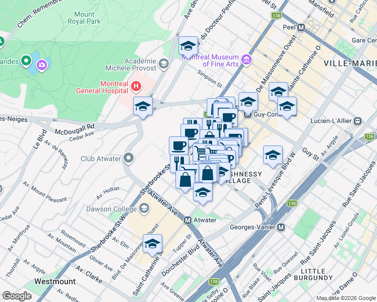 map of restaurants, bars, coffee shops, grocery stores, and more near 2302 Fort Street in Montreal