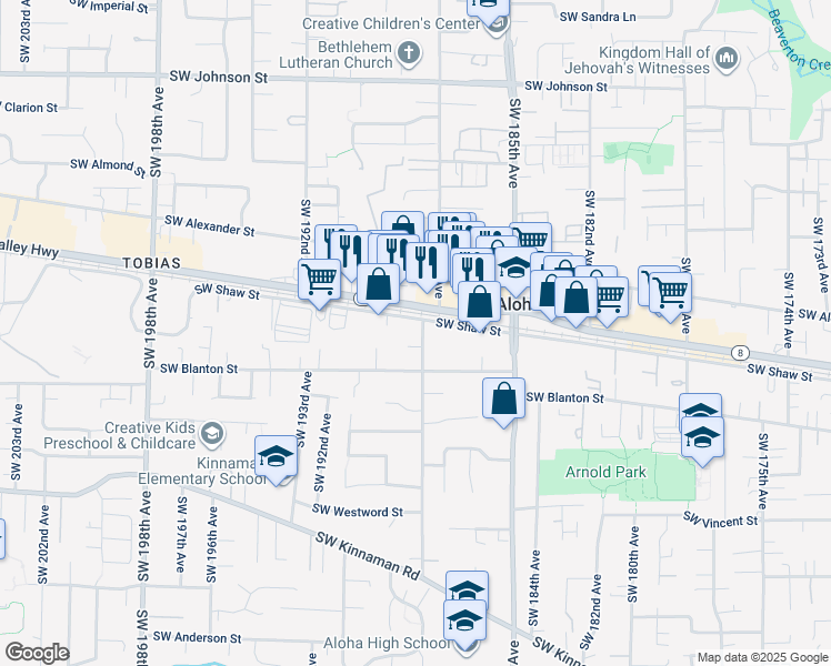 map of restaurants, bars, coffee shops, grocery stores, and more near 18840 Southwest Shaw Street in Beaverton