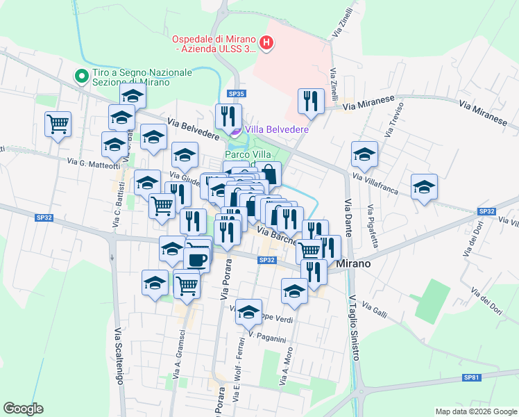 map of restaurants, bars, coffee shops, grocery stores, and more near 16 Via Bastia Fuori in Mirano