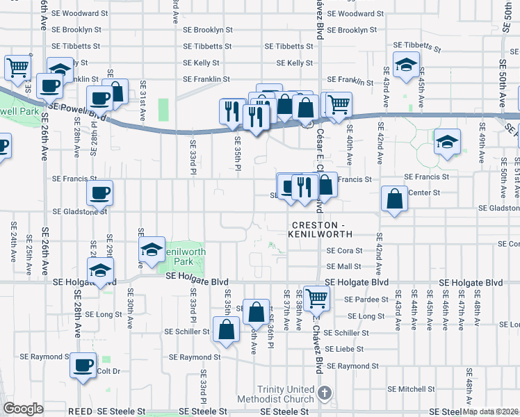 map of restaurants, bars, coffee shops, grocery stores, and more near 3615 Southeast Gladstone Street in Portland