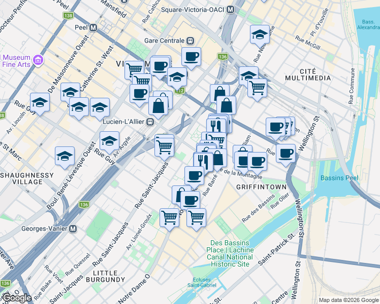 map of restaurants, bars, coffee shops, grocery stores, and more near 600 Rue de la Montagne in Montréal
