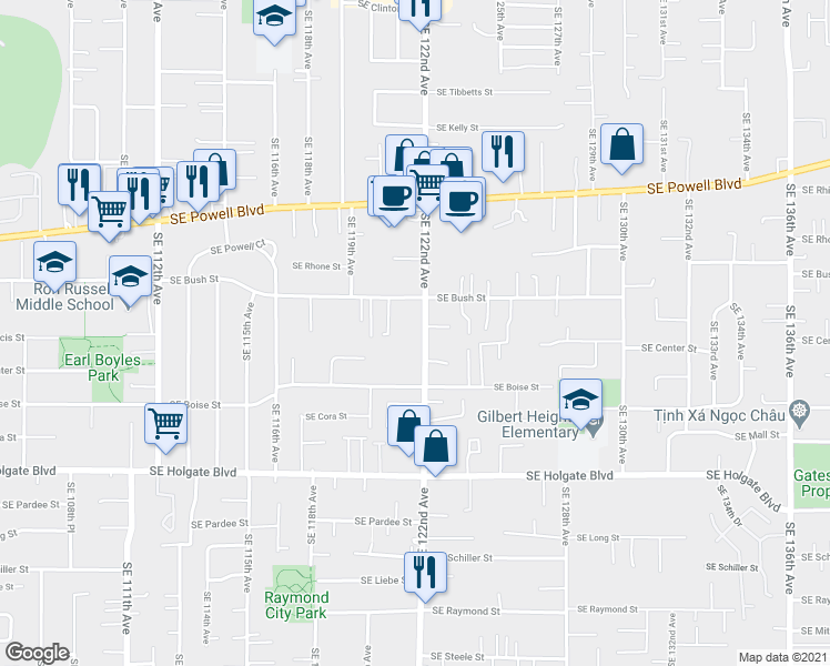 map of restaurants, bars, coffee shops, grocery stores, and more near 3917 Southeast 122nd Avenue in Portland