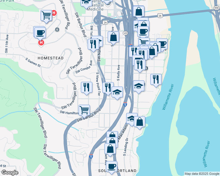 map of restaurants, bars, coffee shops, grocery stores, and more near 4133 South Corbett Avenue in Portland