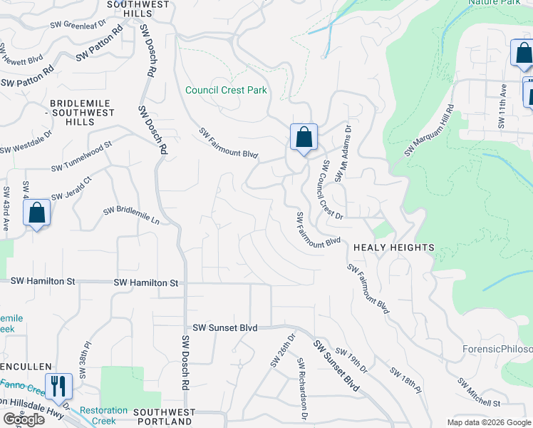 map of restaurants, bars, coffee shops, grocery stores, and more near 4131 Southwest Chesapeak Avenue in Portland