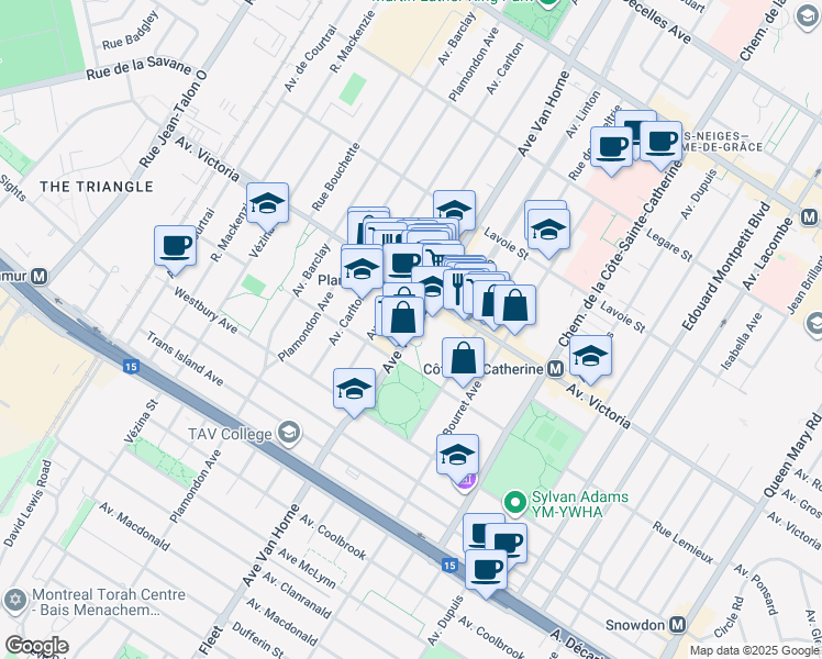 map of restaurants, bars, coffee shops, grocery stores, and more near 4861 Avenue Van Horne in Montreal