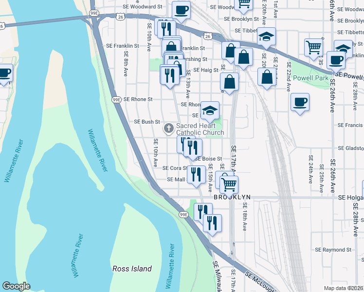 map of restaurants, bars, coffee shops, grocery stores, and more near 4108 Southeast 11th Avenue in Portland