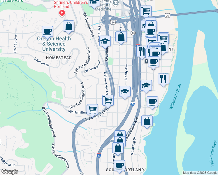 map of restaurants, bars, coffee shops, grocery stores, and more near 4126 Southwest View Point Terrace in Portland