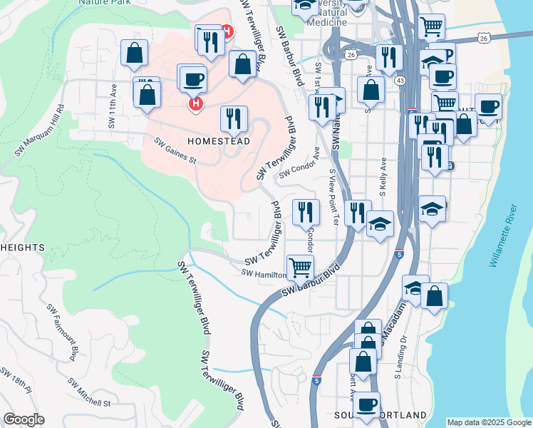 map of restaurants, bars, coffee shops, grocery stores, and more near 4120 Southwest 4th Avenue in Portland