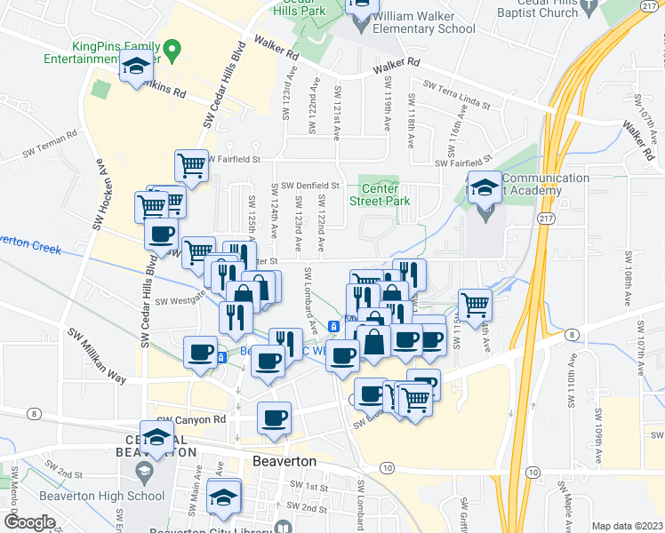 map of restaurants, bars, coffee shops, grocery stores, and more near 12270 Southwest Center Street in Beaverton