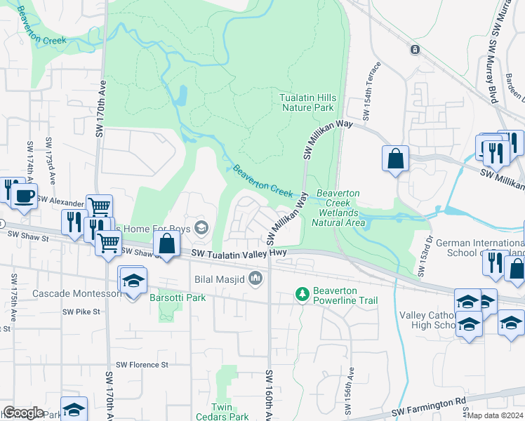 map of restaurants, bars, coffee shops, grocery stores, and more near 16000 Southwest Audubon Street in Beaverton
