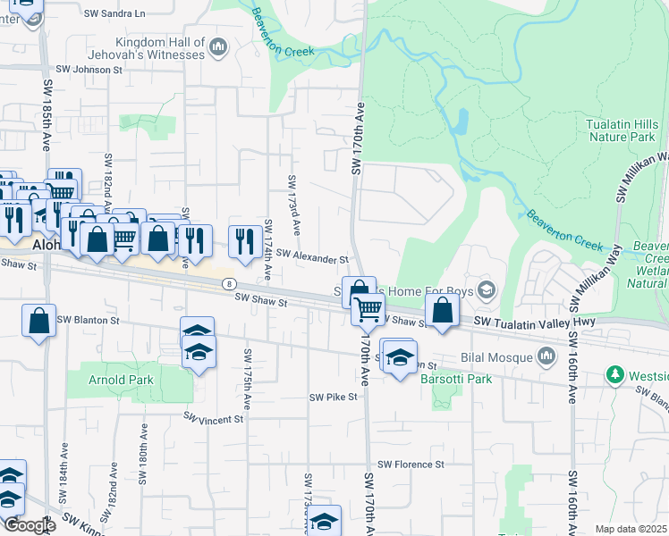 map of restaurants, bars, coffee shops, grocery stores, and more near 3645 Southwest Elliott Place in Beaverton