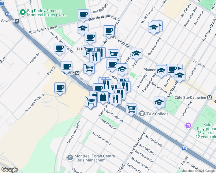 map of restaurants, bars, coffee shops, grocery stores, and more near 5265 Rue Mackenzie in Montréal