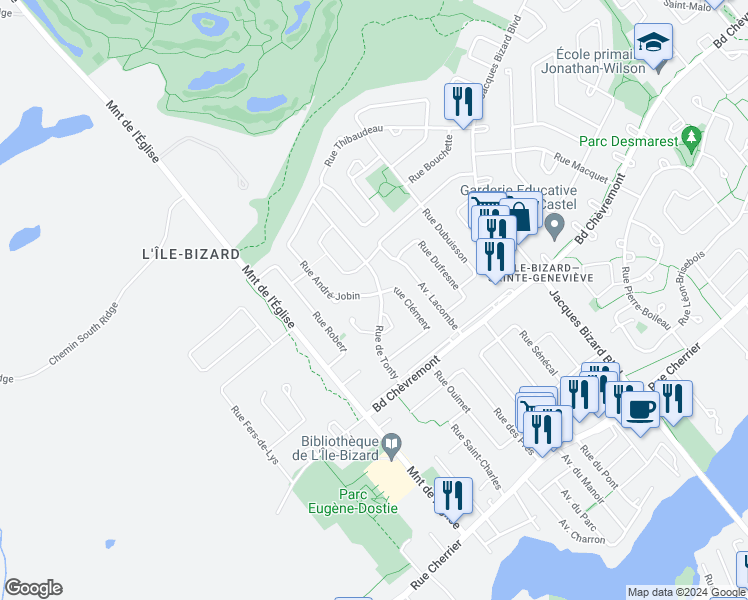 map of restaurants, bars, coffee shops, grocery stores, and more near 610 Rue André-Jobin in Montréal
