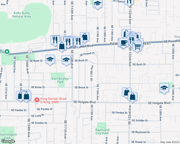map of restaurants, bars, coffee shops, grocery stores, and more near 3931 Southeast 115th Avenue in Portland