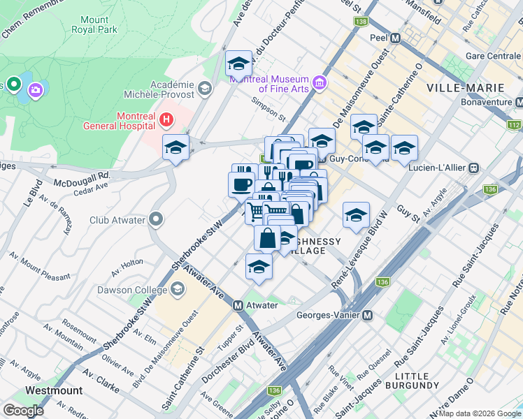 map of restaurants, bars, coffee shops, grocery stores, and more near 1950 Avenue Lincoln in Montréal