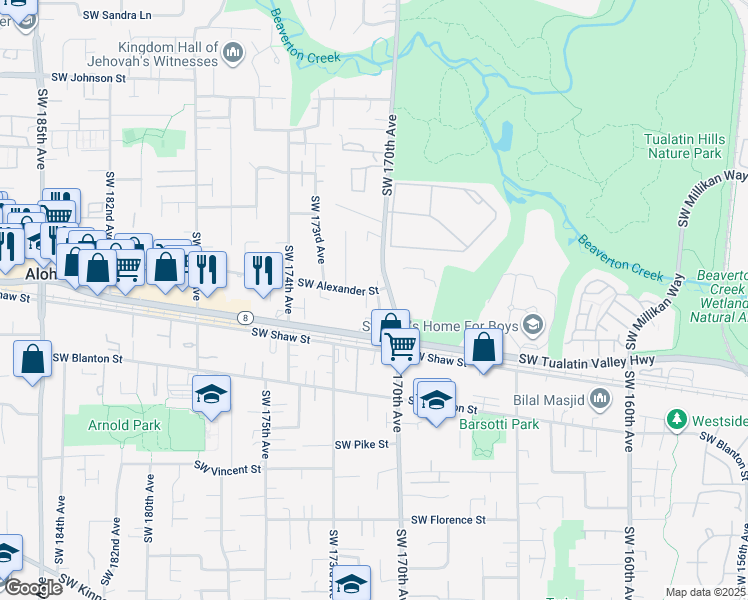 map of restaurants, bars, coffee shops, grocery stores, and more near 3645 Southwest Elliott Place in Beaverton