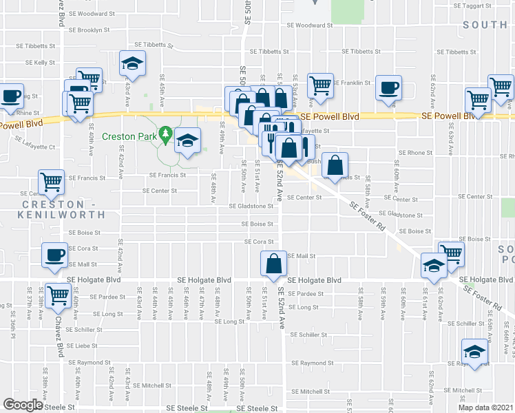 map of restaurants, bars, coffee shops, grocery stores, and more near SE Gladstone St & SE 51st Ave in Portland
