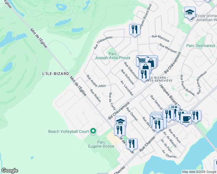 map of restaurants, bars, coffee shops, grocery stores, and more near 610 Rue André-Jobin in Montréal