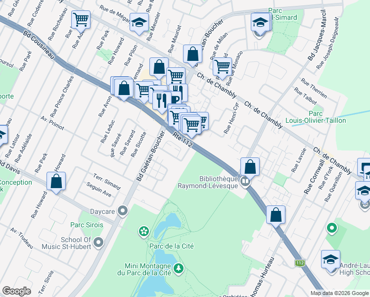 map of restaurants, bars, coffee shops, grocery stores, and more near 5965 Rue de La Tourbière in Longueuil