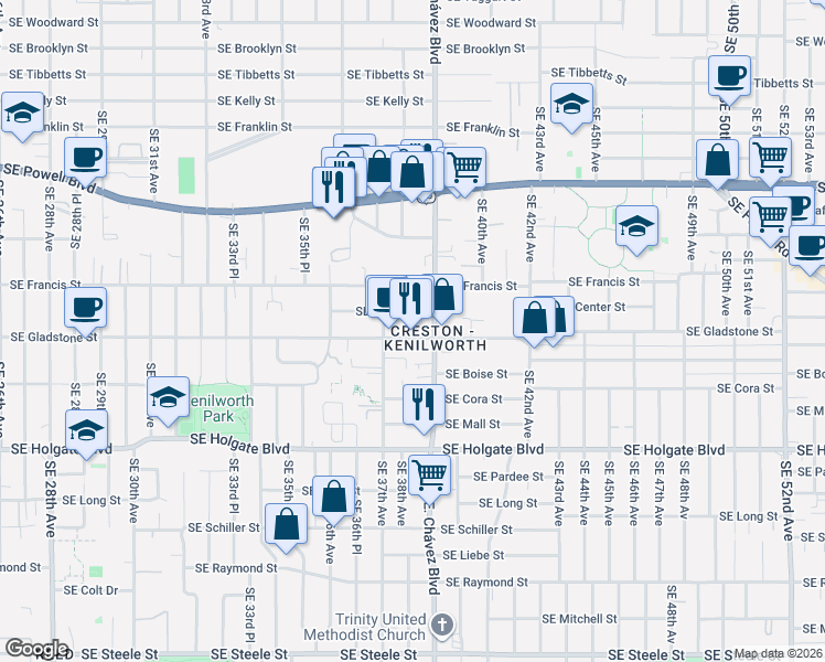 map of restaurants, bars, coffee shops, grocery stores, and more near 3811 Southeast Gladstone Street in Portland