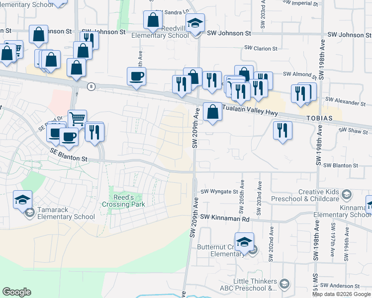 map of restaurants, bars, coffee shops, grocery stores, and more near 3610 Southeast 86th Avenue in Hillsboro