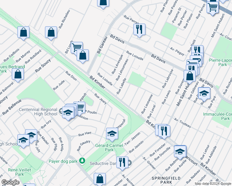 map of restaurants, bars, coffee shops, grocery stores, and more near 3980 Rue Labelle in Longueuil